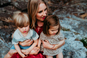 mom and two kids during family portrait session in Portland