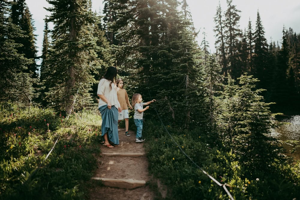 mother and two children exploring Mt Rainier