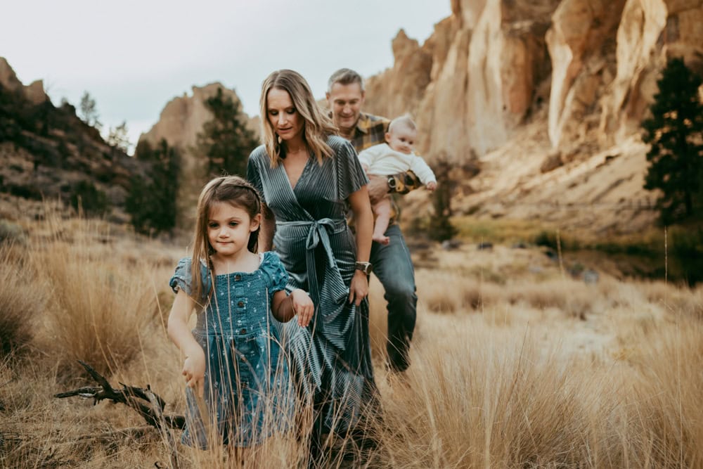 family walking around Smith Rock State Park